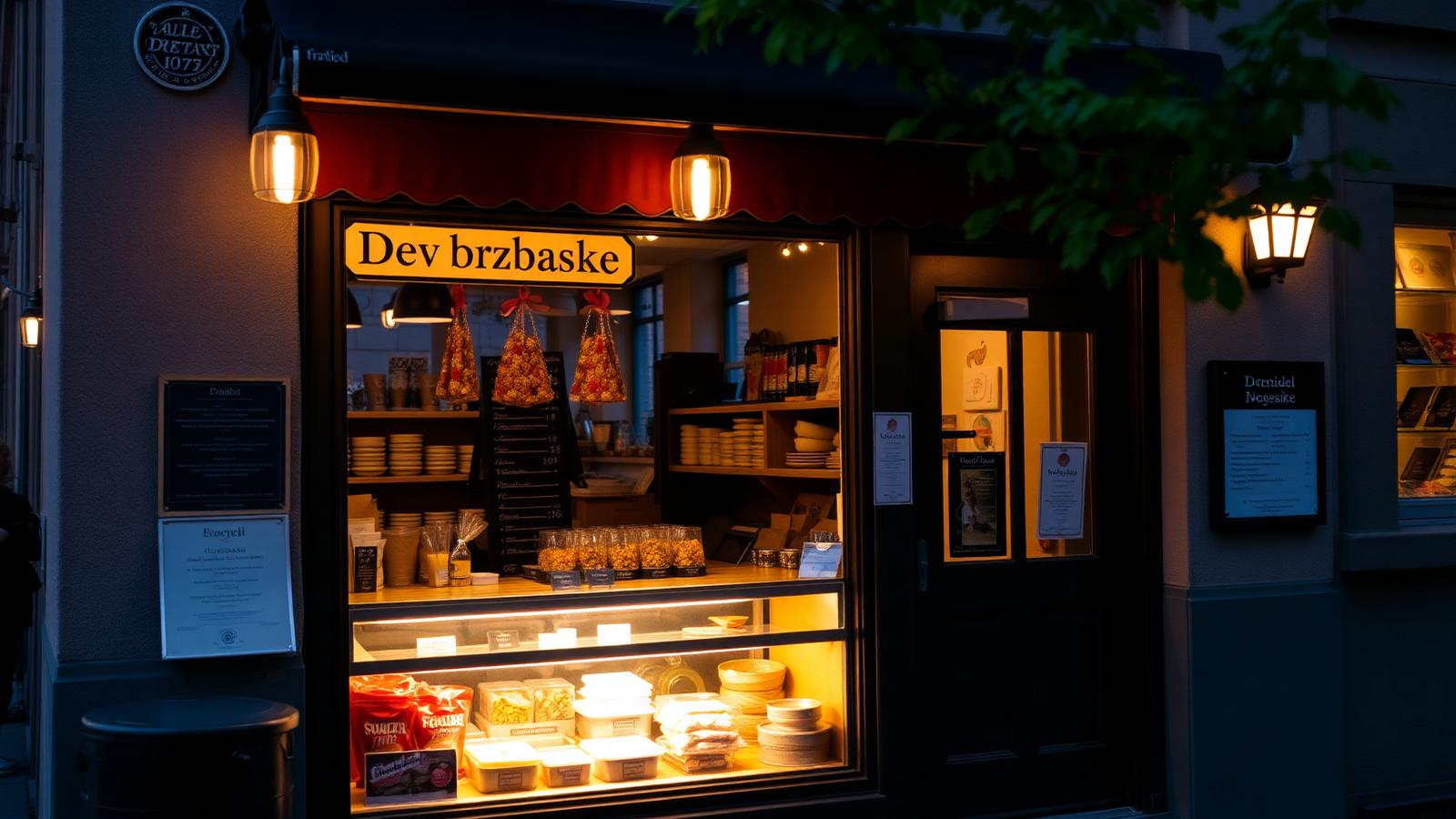 Gemütlicher Kiosk Am Stern bei Nacht mit beleuchteter Leuchtreklame